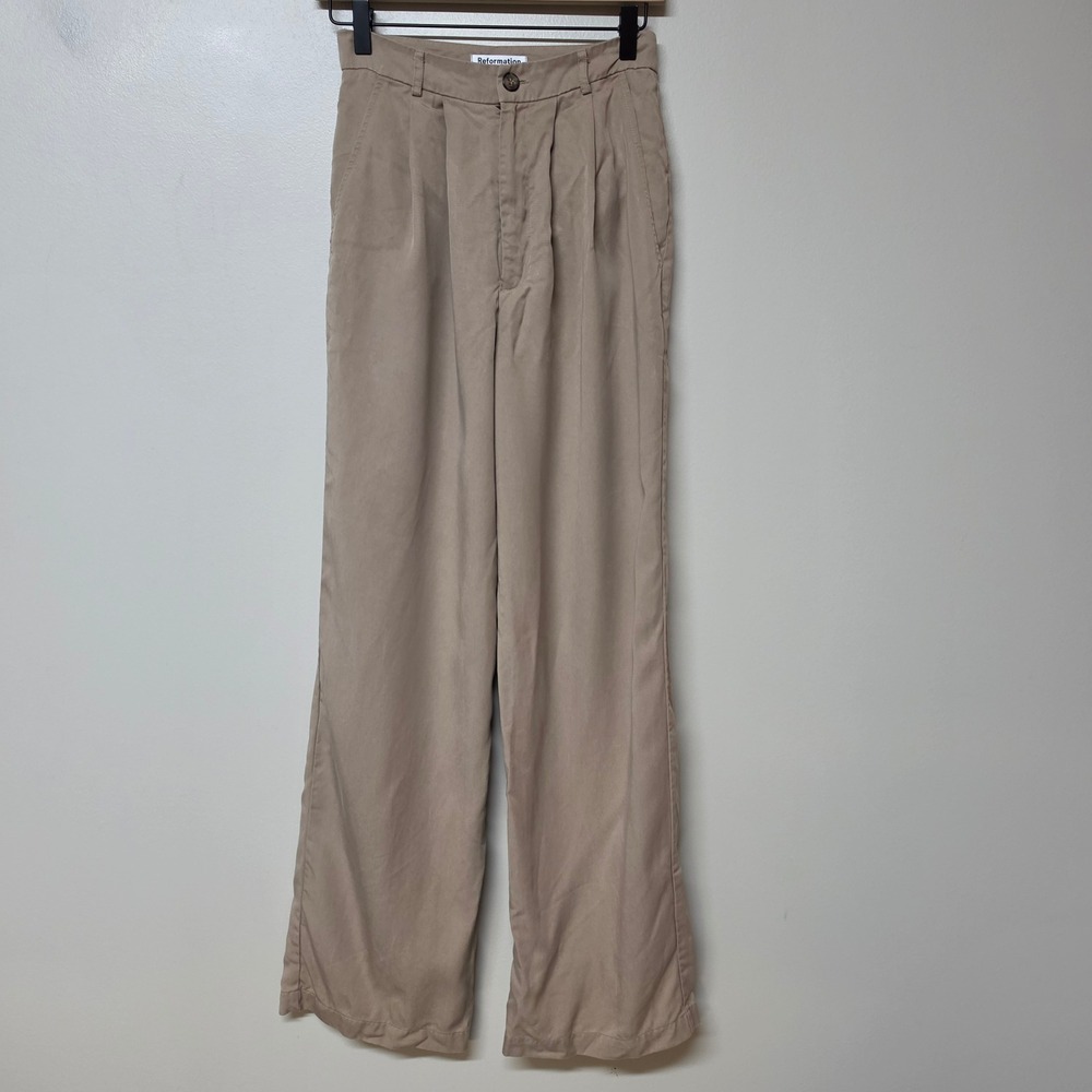 Reformation Mason Pants Khaki Tan Pleated‎ Wide Leg Tencel Trouser Size 2